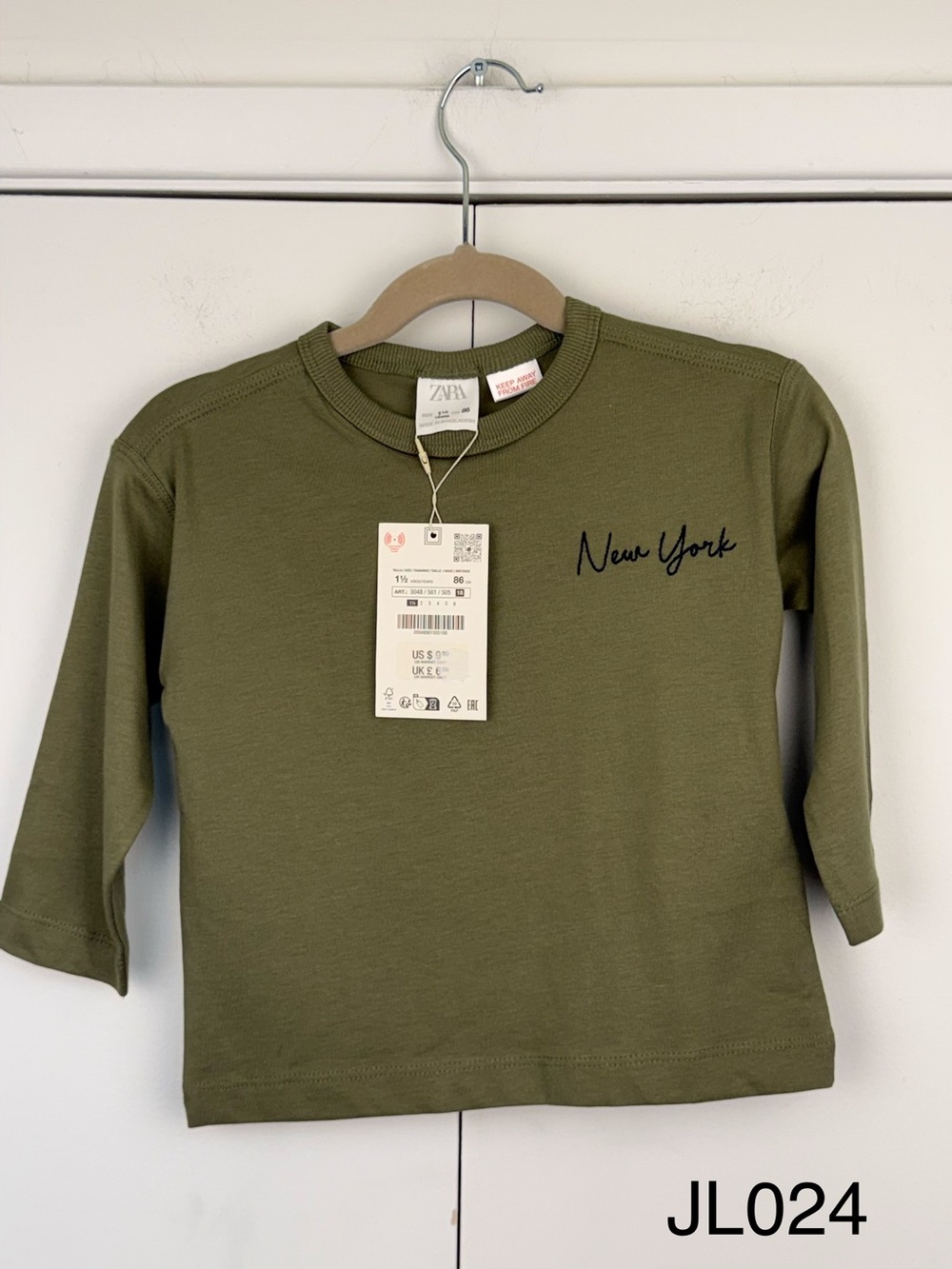 ZARA Kids New York Embroidered Long Sleeve Tee Khaki 1.5Y NWT